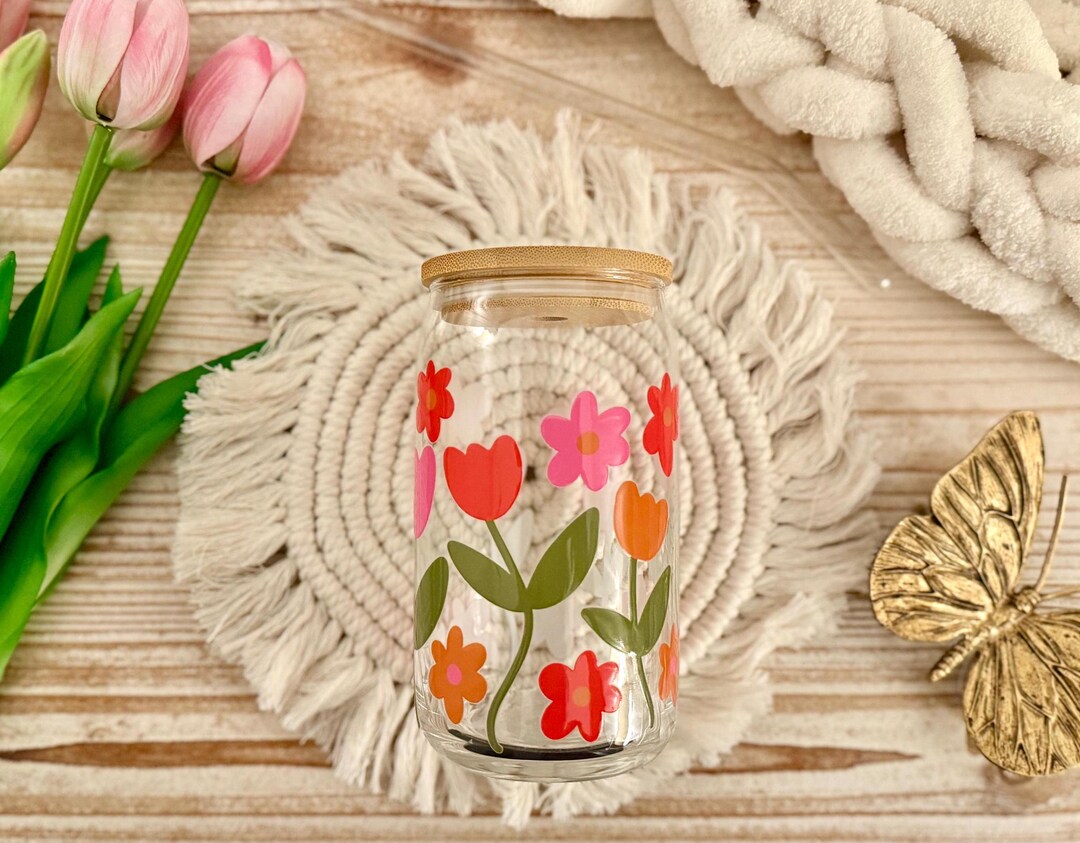 Tulip Glass Cup 16 Oz With Bamboo Lid & Straw | Floral Iced Coffee ...