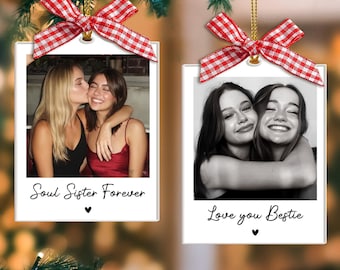 May include: Customized photo ornaments with red and white gingham bows. One ornament features two women with the text "Soul Sister Forever." The other shows two women with the text "Love you Bestie."