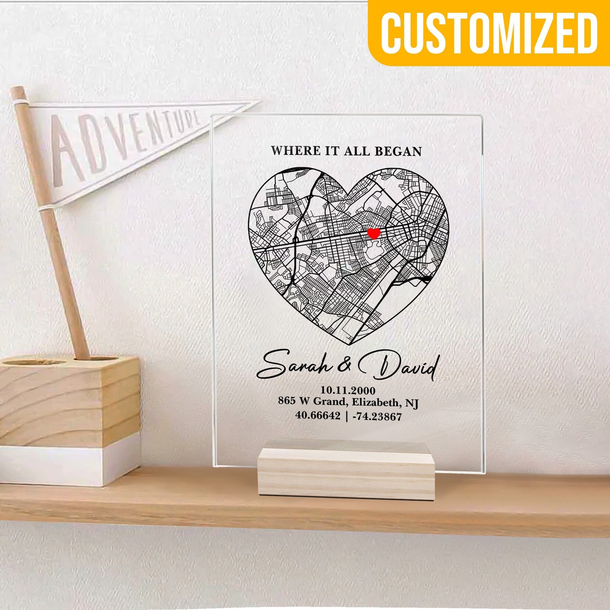 Newly Wed Gifts, Two Locations Heart Puzzle Map Wooden Framed Wall Art,  Custom Wedding Shower Gift for Couple, 1st Anniversary Gift for Wife 