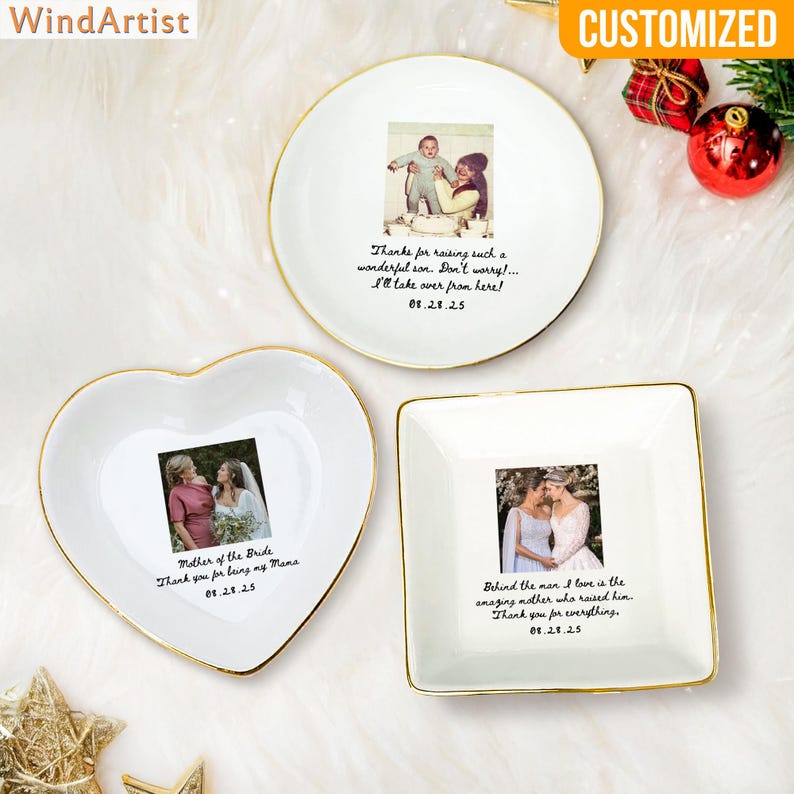 May include: Three white ceramic dishes with gold rims, each featuring a photograph and text. The dishes are round, heart-shaped, and square. Text includes phrases like "Thank you for being my Mama" and "Thank you for everything."