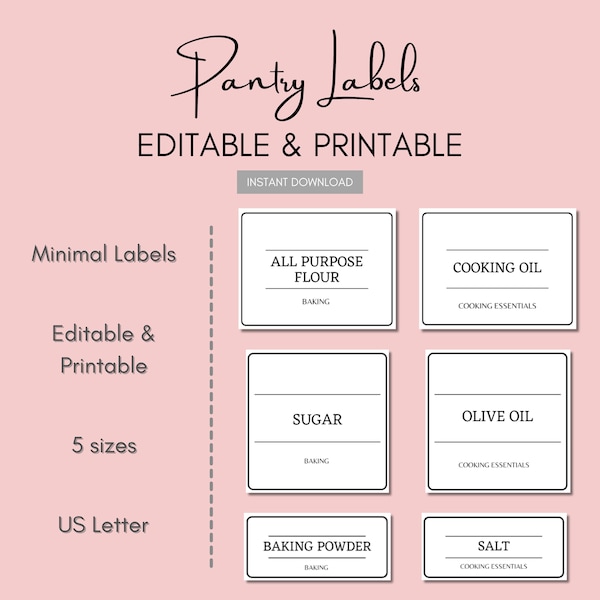 Printable Kitchen Pantry Labels | Digital Labels | Pantry Labels | Kitchen Labels | Editable | Baking Labels | Cooking Essential Labels