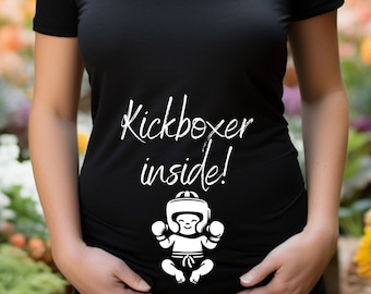 Funny maternity T-shirt "Kickboxer inside", short sleeve maternity shirt in black, cotton, funny maternity outfit
