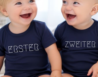 Twin baby bodysuits 'FIRST & SECOND' for boys, individual funny short-sleeved sibling top, white blue navy, 0-18 months
