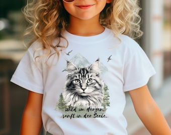 Kinder T-Shirt "Wild im Herzen" | Mystischer Wald & Katzenporträt | Besonderes Geschenk für Kinder