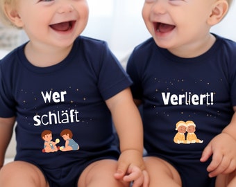 Funny twin sayings baby bodysuits, "Whoever sleeps..." "...loses" organic cotton bodysuit, humorous sibling outfit, funny short-sleeved bodysuit