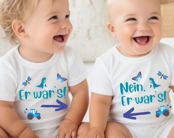 Playful twin sibling baby bodysuits 'It was him' & 'No! It was him, cozy, tractor dinosaur motif, organic cotton baby top