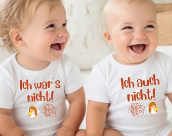 Twin baby bodysuits 'It wasn't me & it wasn't me either', white, angel motif, cute sibling outfit, cuddly soft cotton