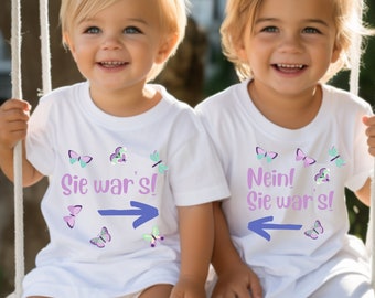 Geschwister Zwillinge Baby T-Shirt "Sie war's!" | Bio-Baumwolle | Geschenk zur Geburt | Geburtstag | Mädchen