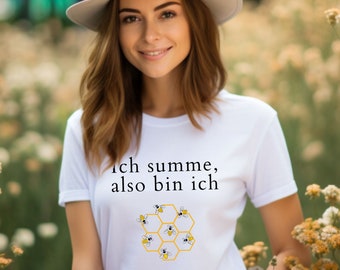 Stylisches Bienenwabe Damen T-Shirt 'Ich summe also bin ich', Warmgelbe Zeichnung, Bequeme Baumwolle, Für Imkerinnen und Bienenfreunde