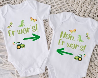 Funny twin sibling baby bodysuits 'It was him', 'No! It was him' design, tractor & dinosaur motif, organic cotton quality, children's baby bodysuit