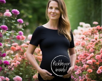 Funny maternity T-shirt "Kickboxer inside", short sleeve maternity shirt in black, cotton, funny maternity outfit