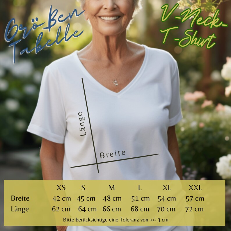 Peut inclure: Tableau des tailles pour un t-shirt col V avec des mesures en centim&egrave;tres pour les tailles XS, S, M, L, XL et XXL. Le tableau indique la largeur et la longueur du t-shirt en centim&egrave;tres.