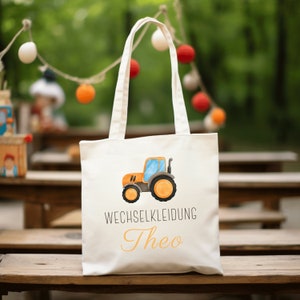Sac en coton personnalisable motif tracteur pour crèche, maternelle et nounou