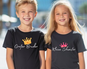 Kinder T-Shirt zwart Kleine zus Grote broer met kroon Cadeau voor broers en zussen! Verjaardagscadeau voor broer en zus