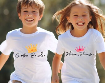 Kinder T-Shirt wit Kleine zus Grote broer met kroon Cadeau voor broers en zussen! Verjaardagscadeau voor broer en zus