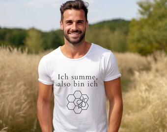 Beekeeper T-shirt 'I hum, therefore I am' - philosophical bee motif, black & white, trendy leisure shirt, high-quality cotton