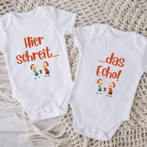 Sibling twin baby bodysuit: &quot;Here screams...&quot; &quot;...the echo&quot; announcement baby clothes, sibling outfit, matching short sleeve clothing