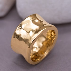 14k yellow gold ring Solid gold extra wide ring, extra thick band  Shiny polish, woman's wedding ring, hammered band