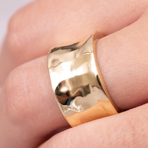 14k yellow gold ring Solid gold extra wide ring, extra thick band  Shiny polish, woman's wedding ring, hammered band