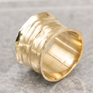 Gold Wide  Ring, 14K Gold Wedding Band, Wide Wedding Band Gold Band Ring Cigar Band Ring Gold Flat Gold Band
