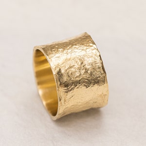Wide ring, handmade hammered flat gold ring, 14k gold, Texture ring, Cigar Band,Texture ring Israeli wedding ring,Wide wedding band
