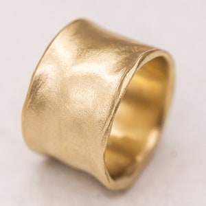 14k gold wide ring, cigar ring, rustic ring, 13 mm wide ring, wide hammered ring, woman's wedding ring
