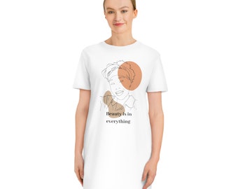 T-shirt dress for women, white comfortable dress for women, long afro woman face print t-shirt, positive affirmation t-shirt