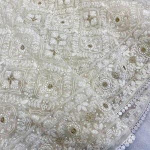 Pure Off-white Silk Organza Saree with Lucknowi and Silver zari touch up, full Embroidery All Over Saree with cotton lace border silk blouse