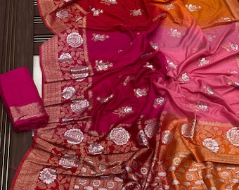 Pure Heavy Dola Silk Saree with Real Zari Weaving Work- 4D Colors Saree- Festive wear- Indian Traditional Banarasi Saree- Handloom Weaving