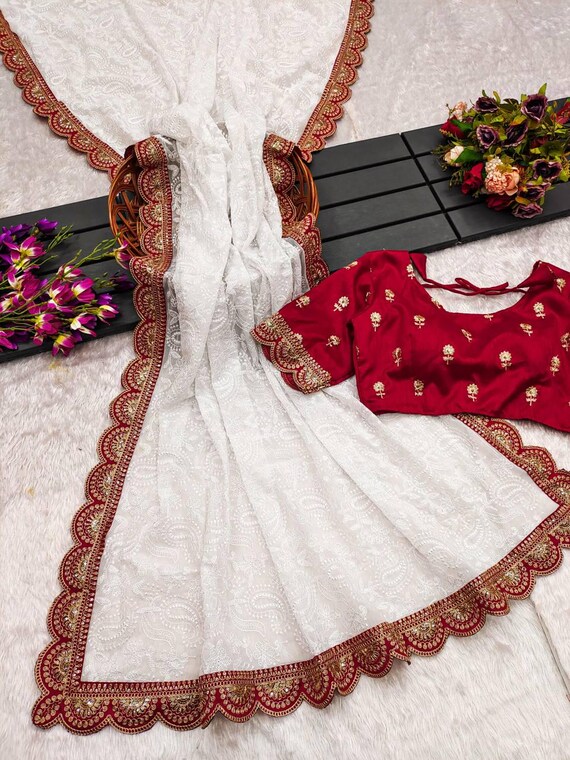 Heavy Off White Georgette Chikankari Embroidery Work, Combination Of Zari And Embroidery Border, With Blouse And Tassels- Durga Puja Saree