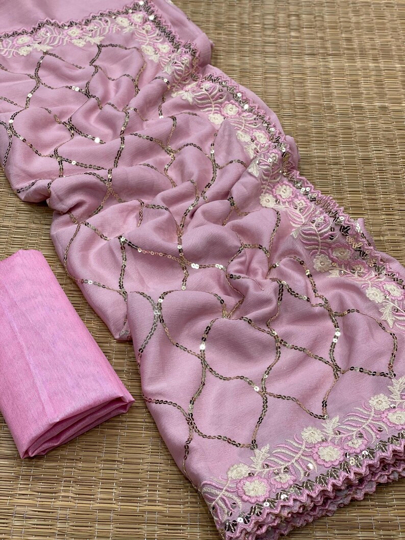 Women Begie Heavy Chinnon  Designer Saree Collection