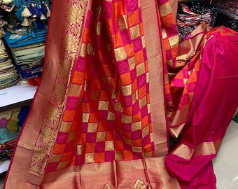 Zuivere zware zijden sari met prachtig minakari-zari-weefsel en veelkleurig - Zachte banarasi-feestkleding - Traditionele sari - Handgeweven weven