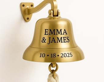 Wedding Ring-for-a-Kiss Brass Bell • Personalized Names & Date • Reception Entrance / Head-Table Bell • Keepsake Gift