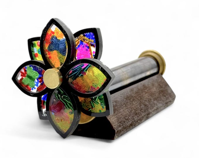 Brass Kaleidoscope engraved optical toy with wooden stand personalized birthday gift