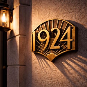 May include: A gold-coloured Art Deco-style house number plaque displaying the number "1924". The plaque is mounted on a textured, light-coloured wall, with a vintage lantern to the left. The design includes sunburst details.