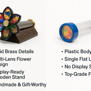 Brass kaleidoscope on a wooden stand with vibrant multi-lens flower design; blue-rimmed plastic kaleidoscope beside.