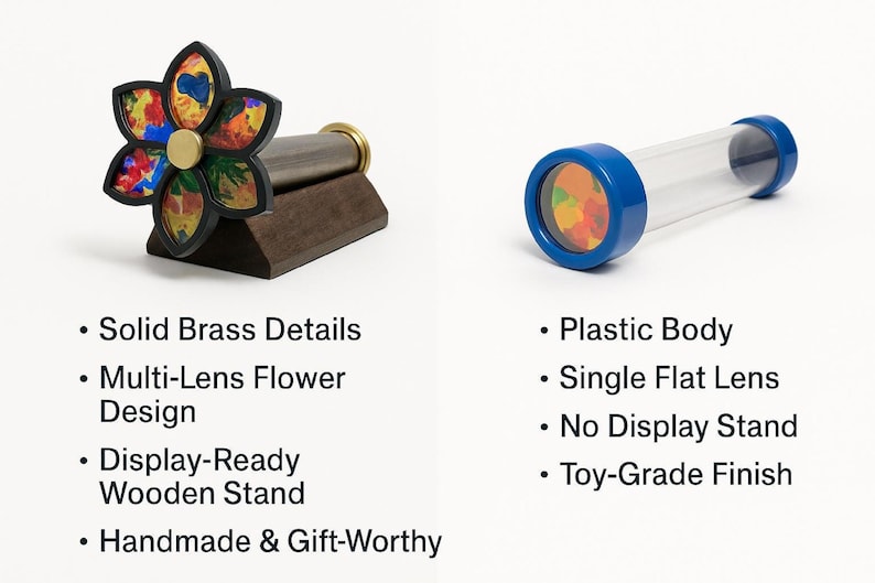Brass kaleidoscope on a wooden stand with vibrant multi-lens flower design; blue-rimmed plastic kaleidoscope beside.
