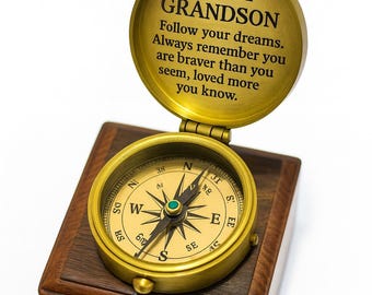 Engraved Brass Compass with Wood Box: Grandson Keepsake Gift