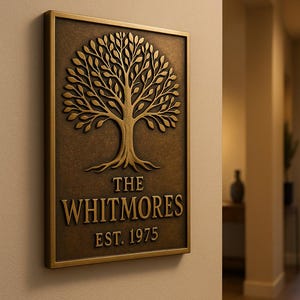 Op de afbeelding: Een rechthoekige bronzen wandplaat met een boomontwerp. De boom heeft gedetailleerde bladeren en wortels. De tekst "THE WHITMORES EST. 1975" staat eronder. De plaat is op een beige muur gemonteerd.