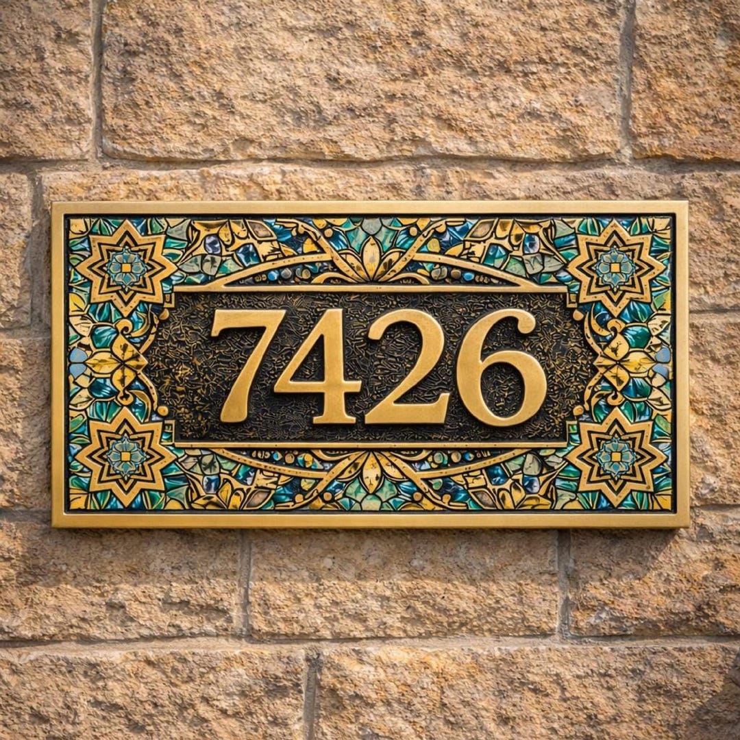 Custom Brass Address Plaque – Mediterranean Mosaic House Number Sign - Etsy
