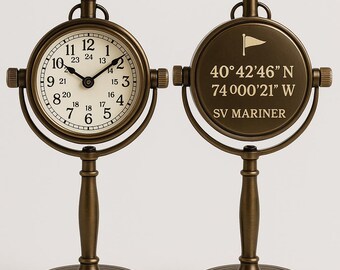 Personalized Brass Gimbal Nautical Clock: Engraved Coordinates, Yacht Decor