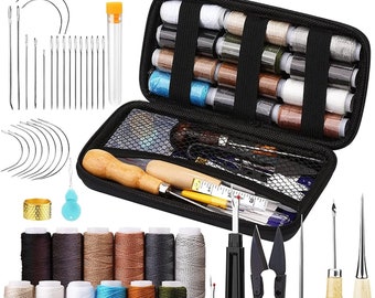 Leather Sewing Kit Upholstery Repair Kit with Upholstery Thread Sewing Awl Seam Ripper Needles Thimble for Stitching