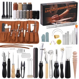 Leather Craft Tool Kit Professional, Hand Sewing Repair Kit, Wax Thread Stitching Punch Carving Work Groover DIY Tool Set