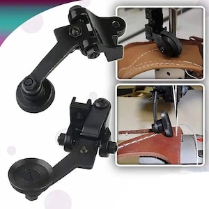 Puede incluir: Dos accesorios de máquina de coser de metal negro con brazos y ruedas ajustables. Los accesorios están diseñados para coser cuero y otras telas gruesas.