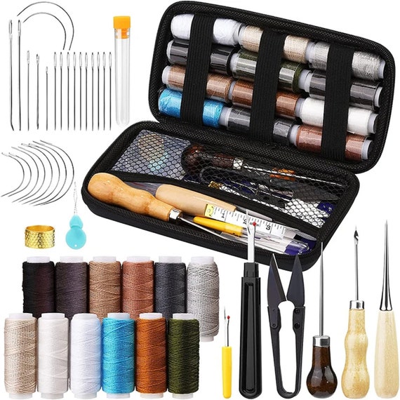 Leather Sewing Kit Upholstery Repair Kit with Upholstery Thread Sewing Awl Seam Ripper Needles Thimble for Stitching
