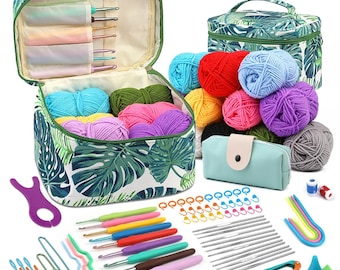Uncinetto, set di filati di cotone, gomitoli di filo, ferri da maglia, strumenti, kit per uncinetto con borsa, regalo per lei