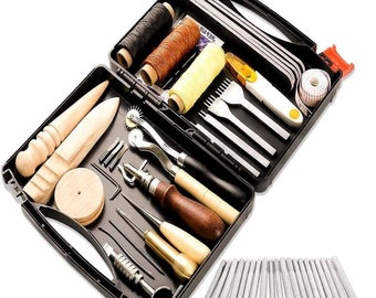 Ferramentas para Trabalho em Couro, 50 Peças, Acessórios de Costura, Ferramentas Essenciais para Costurar, Furar, Cortar e Entalhar, Conjunto de Punções com Garras, Faca Giratória, Caixa de Armazenamento