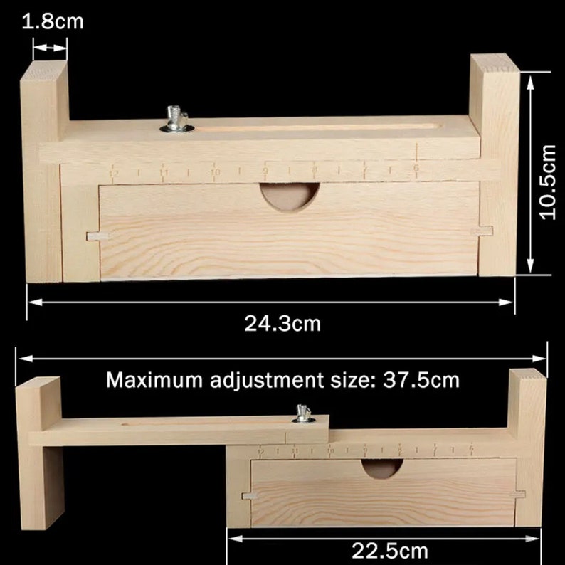 Op de afbeelding: Houten gereedschap voor het rekken van leer met verstelbare breedte. Het gereedschap heeft een maximale instelgrootte van 95,3 cm en meet 61,7 cm lang, 26,7 cm hoog en 4,6 cm breed.