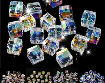 Cuentas cuadradas de cristal, cuentas de vidrio de 50/100 unidades de 4/6/8 mm, cuentas cúbicas austriacas de colores AB para la creación de joyas, pulseras, pendientes y collares DIY.