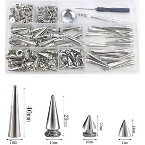 May include: A set of silver metal pyramid studs in various sizes, ranging from 7mm to 40mm in height. The set includes a tool for attaching the studs.